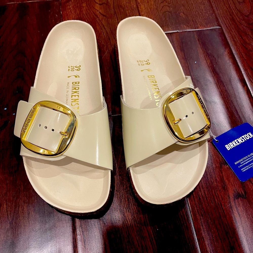 BNWT Birkenstock Big Buckle Madrid with natural patent leather sz 8-8.5 (39)